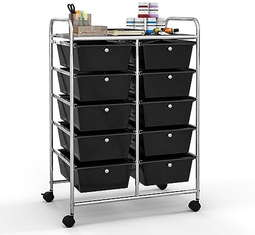 TANGZON 10 Drawers Storage Cart, Rolling Utility Cart with Lockable Wheels, Multipurpose Mobile Organizer Trolley for Home Office Stationery Beauty & Salon (Black)