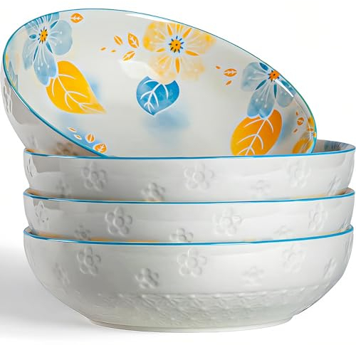 Houlu 9 inch Large Pasta Bowls Set of 4, 55 oz Shallow Salad Bowls, Versatile Serving Bowls, Ceramic bowl Plates Set for 4, Autumn Color