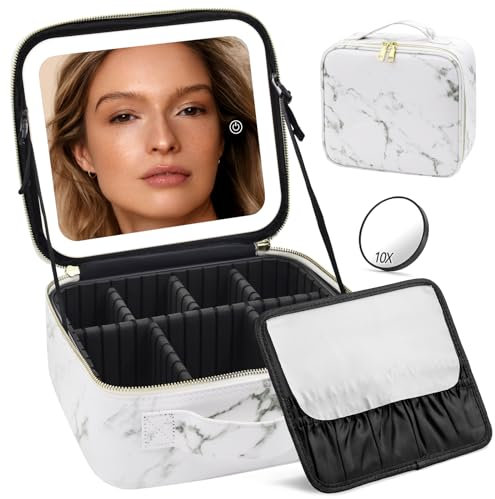 JADAZROR Trousse Trucco Con Specchio e Luce LED a 3 Colori - Portatile Da Viaggio Con Organizer Illuminato e Divisore Regolabile - Cosmetica per Donna