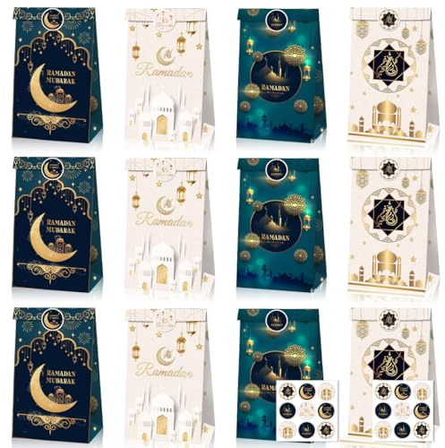 12 Stück Eid Papiertüten mit 18 Aufklebern, Eid mubarak Tüten, Ramadan Geschenktüten, Eid Mubarak Geschenktüte, Ramadan Kraftpapiertüten für Eid Mubarak Dekoration