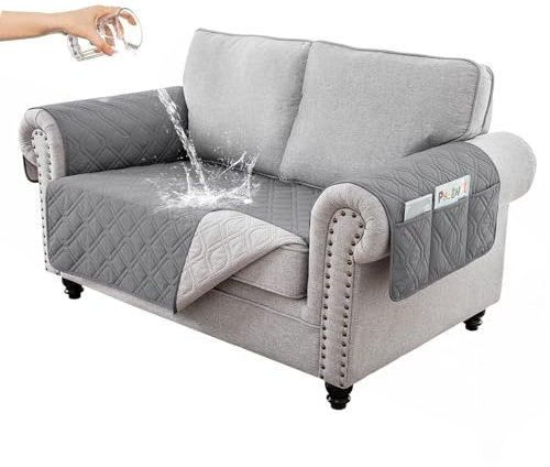 RAPRAP 100% Wasserdicht Sofa überzug 2 Sitzer, rutschfest Sofabezug mit Tasche für Kinder, Haustiere, Hunde, Waschbare Sofaschoner,Grau,2 Seater