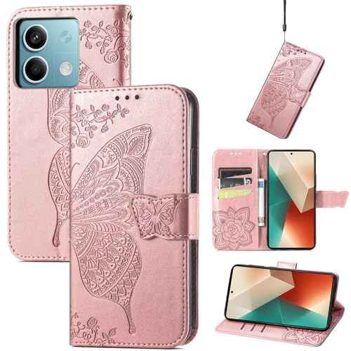 JIUNINE Cover per Xiaomi Redmi Note 13 5G, Custodia Interno TPU Antiurto Portafoglio con Disegni di Farfalla [Carta Fessura] [Supporto Stand] Cover Libro in Pelle per Redmi Note 13 5G, Oro rosa