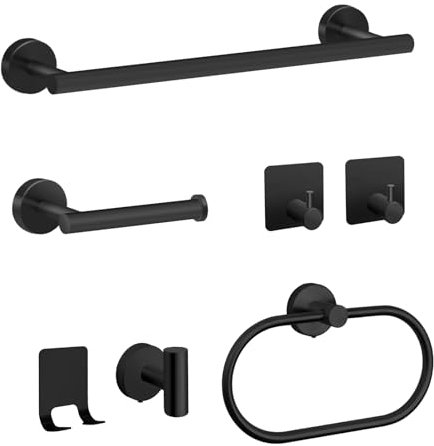 Set di 7 accessori da bagno, in acciaio inox, set di articoli da bagno, colore nero, opaco, con torre da 40 cm, porta asciugamani e 4 ganci per asciugamani