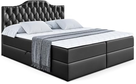 ALTDECOR Boxspringbett mit Matratze und Lattenrost, Boxbett, Topper, Polsterbett mit Bettkasten, Bett mit Stauraum H4-Matratze, Doppelbett, Springboxbett - Vila-1-180x200 - Schwarz Kunstleder