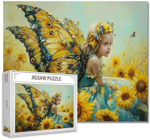 Tucocoo 1000 Teile Puzzle für Erwachsene - Fee kleines Mädchen mit Sonnenblumen und gelben Flügeln - Herausforderndes Familienaktivitätsspiel, Engelskunst DIY Puzzle Wanddekoration