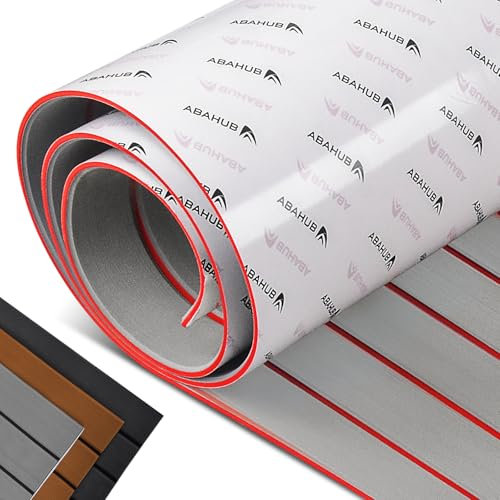 Abahub EVA Foam Boat Decking 96''x16.8'' Self-Adhesive Faux Teak Marine Flooring Sheet Traction Pad for Boats Surfboard, Gray with Red Seam Lines