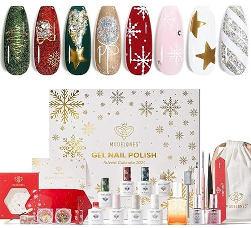 Modelones Christmas Gel Nail Polish Kit Advent Calendar 12 Days, Red Burgundy Green Cat Eye Gold Silver White Xmas Sticker Chrome Powder, 8 Colors Gel Nail Kit with UV Lamp Limited Manicure Gift
