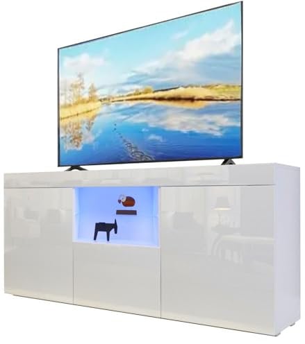 Dripex Meuble TV LED Blanc Brillant Moderne - 135x33.5x70cm Casier, Armoires de Rengement à Haute Brillance