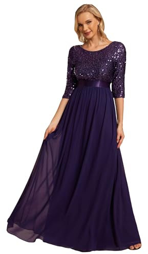 Ever-Pretty Vestiti da Sera e Cerimonia Donna Linea ad A Elegante Manica 3/4 con Paillettes Abiti da Damigella Chiffon Stile Impero Viola Scuro 38