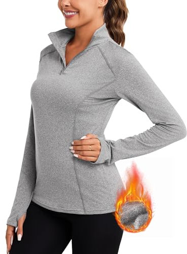 Terecey UPF 50+ UV T-Shirt Damen Atmungsaktiv Sportshirt 1/4 Zip Trainingsshirt Wandershirt mit Daumenloch -Sonnenschutz Sport Funktionsshirt Rash Guard fur Yoga Surf Golf, Grau L
