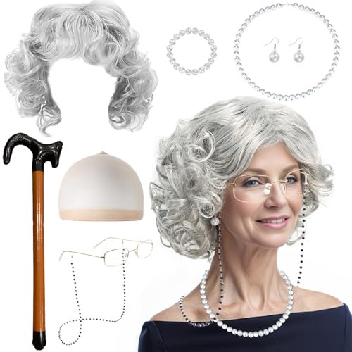 JSTHHTT 9 Stück Old Lady Kostüm Großmutter Cosplay Oma Perücken Perücke Künstlicher, Brillen Ketten Oma Brille Armband Perlenkette, Alte Dame Cosplay Set