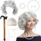 JSTHHTT 9 Stück Old Lady Kostüm Großmutter Cosplay Oma Perücken Perücke Künstlicher, Brillen Ketten Oma Brille Armband Perlenkette, Alte Dame Cosplay Set
