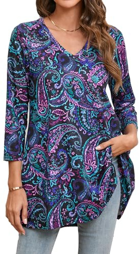 Enmain Tunique Longue Femme à 3/4 Manches Tuniques Chic et élégant Grande Taille Col en V Chemisier Paisley Blouses Femme Confortable pour Fête Vacances Noir XL