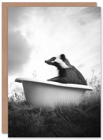 Artery8 Greeting Card Honey Badger in Bathtub Black White Surreal Blank For Him Or Her Art Birthday Card