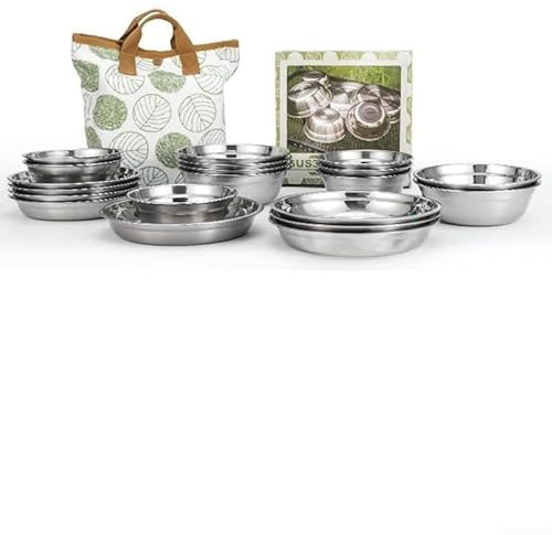 ZAMETTER Plato de cena de acero inoxidable 304 para exteriores, vajilla para camping, barbacoa autónoma, cuenco de sopa y juego de platos