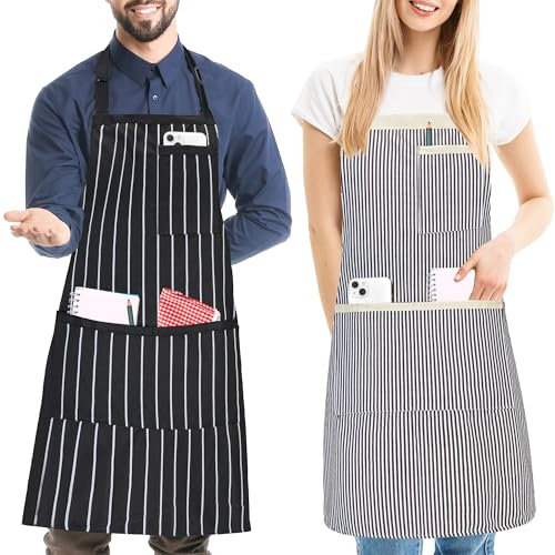 2 Stück Streifen Latzschürze, Verstellbare Schürze mit 3 Taschen, Küchenschürzen für Männer Frauen, Kochschürzen für Koch BBQ Malerei Gartenarbeit Backen Restaurant, Schwarz Weiß