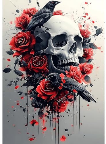 MXJSUA Diamond Painting Erwachsene, Totenkopf Rosen Und Krähen Diamant Painting Bilder 30x40cm 5d Diamond-Painting Geeignet Als Geschenk, Zur Entspannung und Als Wanddeko