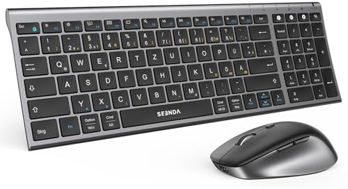 SEENDA COE401 - Tastiera Bluetooth con mouse wireless per Windows/Mac/iPad/Android, tastiera in metallo ultra sottile + mouse wireless silenzioso, collegamento a 3 dispositivi, layout QWERTZ, grigio