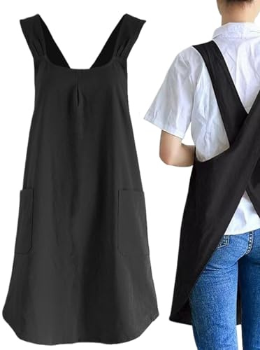 fayarrd Schürze aus weichem Baumwollleinen im japanischen Stil, gekreuzte Schürzen für Frauen mit Taschen, Kochschürzen für Backarbeiten, Schürzen für Frauen mit 2 Taschen, Kochschürze, Schwarz, Se