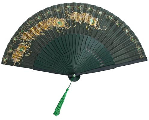 GFM® Bamboo Silk Handheld Folding Japanese Chinese Hand Fan for Summer, Wedding, Party Favour (MR-E) (F12-Green-Peacock Feathers)(FLSLK-F12-HRSN)
