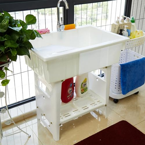 Évier de buanderie en plastique avec planche à laver, bac utilitaire autoportant station de lavage à la main avec robinet, pour buanderie, sous-sol, garage, jardin(Wit)