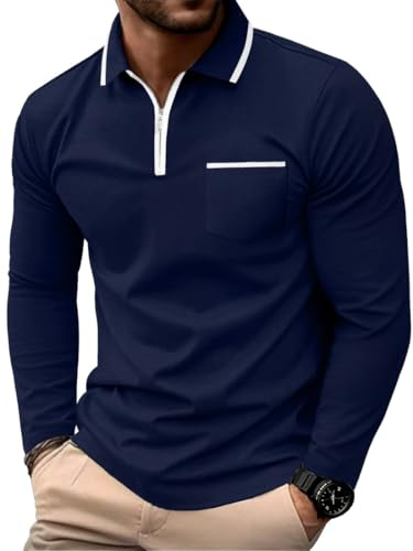 PrinStory Poloshirt Herren Langarm Quarter Zip Poloshirt Baumwolle Polo Shirt Polo Kragen Tshirt