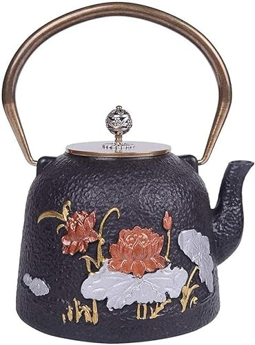 - 1.2L Cast Iron Teapot Brass Handle Flat Bottom Uncoated Oxidized Inner Wall Japanese Style Kettle Tea Set Bilingual Fish Lotus Pattern