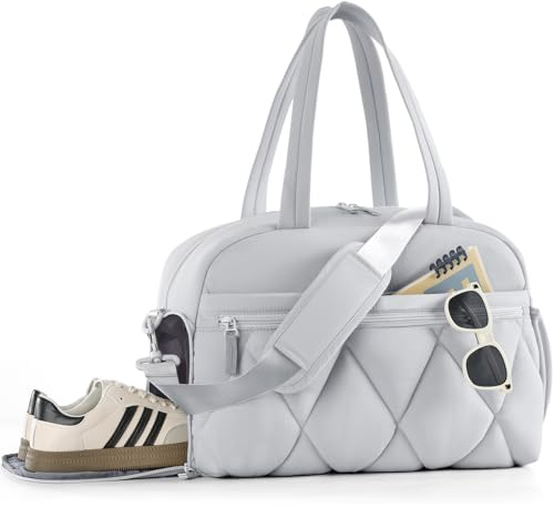 Lekespring Sporttasche Damen, 24L Reisetasche Damen mit Schuhfach Wasserabweisend Puffer Weekender Wickeltasche Handgepäck Gym Bag Kliniktasche Geburt, Travel Bag für Flugzeug Reise, Fitness (Grau)