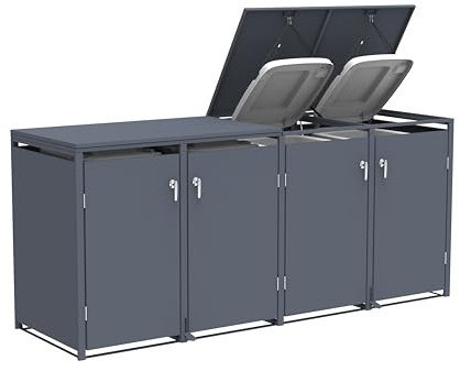 DEGAMO Mülltonnenbox 4-er Mülltonnenhaus BONN mit Fusspedal-Betätigung, für 4X Tonnen 120 und 240 Liter, Stahl verzinkt, Farbe anthrazit