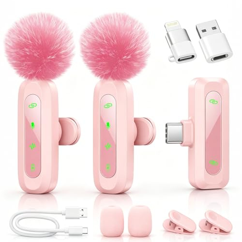 Wireless Lavalier Microphone for iPhone, iPad, Android, 2-Pack Mini Microphone with Noise Reduction, Auto Pairing, Mute & Reverb, LED Display - for Video Recording, Vlogging, TikTok, YouTube (Pink)