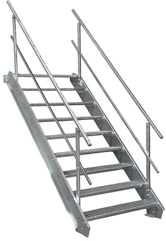 SRM Design 9 Stufen Stahltreppe Breite 100 cm verzinkt 2X Geländer | Geschosshöhe 135 - 180 cm feuerverzinkt Robuste Außentreppe Wangentreppe Stabile Industrietreppe Außenbereich