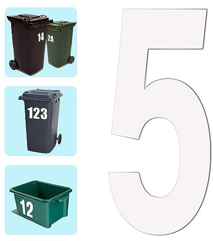 Self Adhesive Large Wheelie Bin Number Stickers Easy to Apply Vinyl Sticker Waterproof Reflective White Numbers (Number 5)