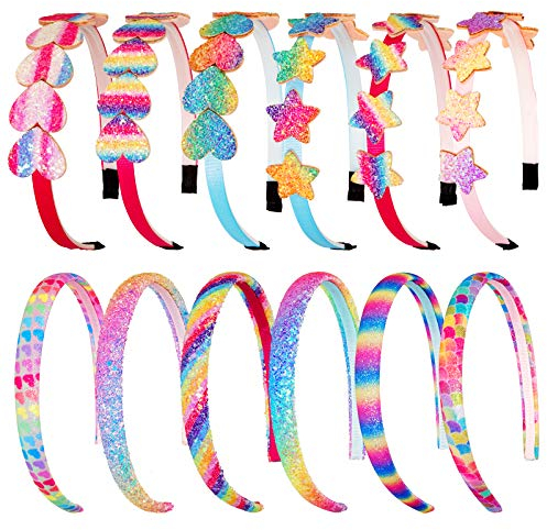 Whaline 12 Stück Regenbogen-Stirnbänder Glitzer Herz Mädchen Stirnbänder Regenbogen Mädchen Stern Haarbänder Glitzer Rosa Pailletten Bedrucktes Stirnband für Mädchen Haarschmuck