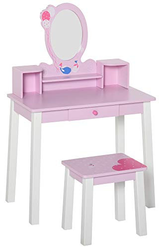 HOMCOM Toeletta per Bambine +3 Anni in Legno, Set Tavolo da Trucco Giocattolo con Specchio e Sgabello, Rosa