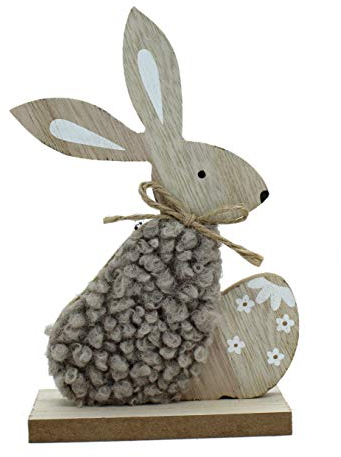 DARO DEKO Holz Hase mit grauem Fell und Osterei 10 x 16cm 1 Stück