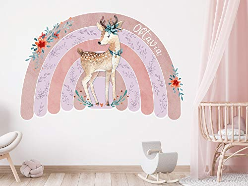 GRAZDesign Wandtattoo Regenbogen Kinderzimmer mit Namen personalisiert, Wandsticker Babyzimmer Kinder Aufkleber, Tiere Reh für Jungen und Mädchen