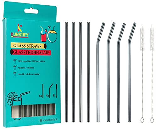KUNSTIFY 8x Glasstrohalme inkl. Reinigungsbürsten - Strohhalme für Cocktail Gläser (Farbe: Grau)