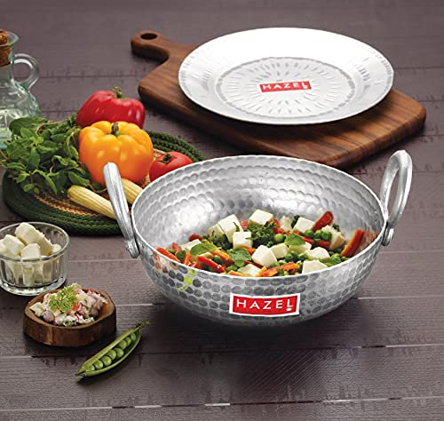 HAZEL Aluminium Hammered Finish Kadai with Lid Premium Round Bottom 16 Gauge Kadhai vessal, 29 cm, 4000 ML