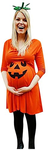 Vuncio Robe De Grossesse pour Femme Manches Longues Grande Taille Halloween Costume Enceinte Soiree Hiver Décontractée Chic Élégante Shooting Photo Midi Robe (Orange, L)