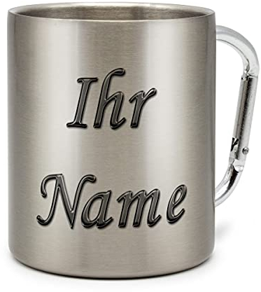 printplanet® - Edelstahltasse mit Karabinerhaken mit Namen bedrucken - Namenstasse selbst gestalten - Motiv Chrom-Schriftzug