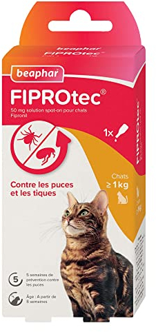 BEAPHAR – FIPROTEC Solution Spot-on pour Chats 50 MG – À Base de Fipronil – Tue Les Puces et Les Tiques à l'application – Traitement Antiparasitaire pour Chat dès 8 Semaines – 1 Pipette de 0,50 ML