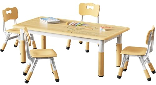 Brelley Kids Table and 4 Chairs Set, Height Adjustable Toddler Table and Chair Set, Graffiti Desktop, Non-Slip Legs, Max 300lbs, Children Multi-Activity Table for Ages 2-8