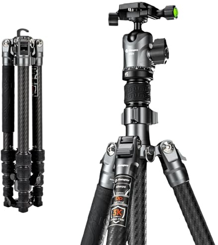Fotopro 60'' Carbon Fiber Tripod, Compact Travel Tripod for DSLR Camera, with Ballhead Quick Release Plate Carry Bag, with Detachable Monopod, Max Load 10kg. Sherpa Series (sliver grey, 60 inch)