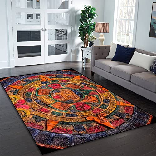 Rustikaler Teppich, antiker Azteken-Zivilisation, Ton, Maya-Kalender, mexikanischer Vintage-Eingangsbereich, Läufer, Bodenteppich, Akzent, Heimdekoration für Wohnzimmer, Filmzimmer, 1.8x2.9 m