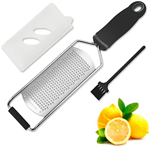 Cheese Grater and Lemon Zester, Ginger Garlic Grater with Wide Stainless Steel Blade, Kitchen Tools and Gadgets for Chocolate, Vegetables, Orange, Citrus, with Protective Cover and Cleaning