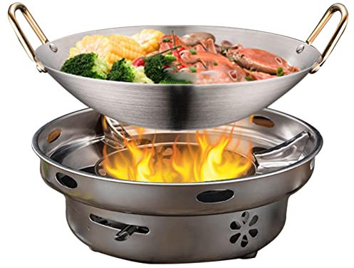 Spirituskocher Campingherd Für Innenräume Edelstahl Campingkocher Mit 30cm Topf, Camping Kocher Zum Camping Und Innenraum, Ohne Gas Und Ohne Strom (Silber)