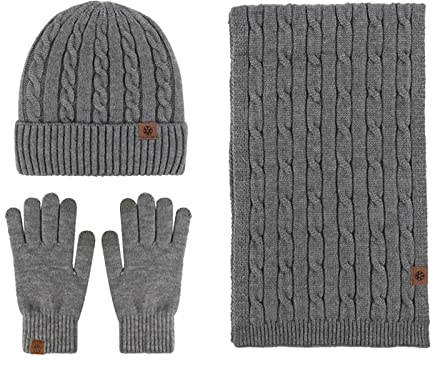 Mutze Schal Set Damen Grau, Wintermütze Strickmütze Warme Mütze Kreis Schal Set und Warm Strick Handschuhe mit Fleecefutter für Damen und Herren