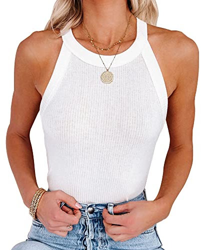 QKEPCY Camiseta Tirantes Mujer Cuello Halter Tank Top Camisola Verano sin Mangas Blusa Acanalada Ropa Deportiva Tops Casual Elegante Ajustado Algodón