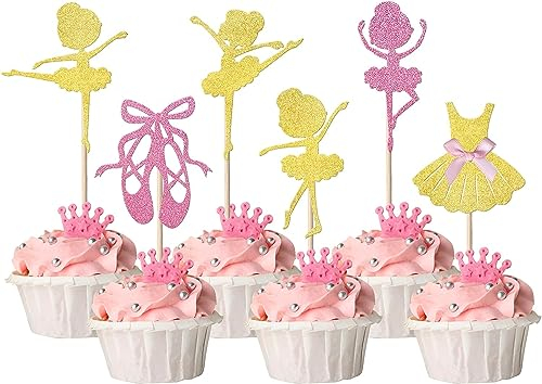 SYKYCTCY 24 Pack Ballerina Cupcake Toppers with Fairy Ballet Dancer Girls Dress, Glitter Ballet Shoes, Baby Shower & Birthday Party Supplies