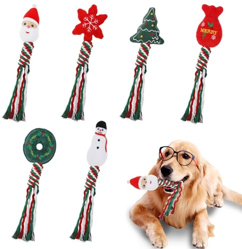 Amaxiu Weihnachts Kauspielzeug für Haustiere, 6 Stück, Weihnachts Hundeseilspielzeug Welpen Quietschspielzeug Kautrainingsspielzeug Hunde Plüschspielzeug Weihnachts Interaktives Spielzeug